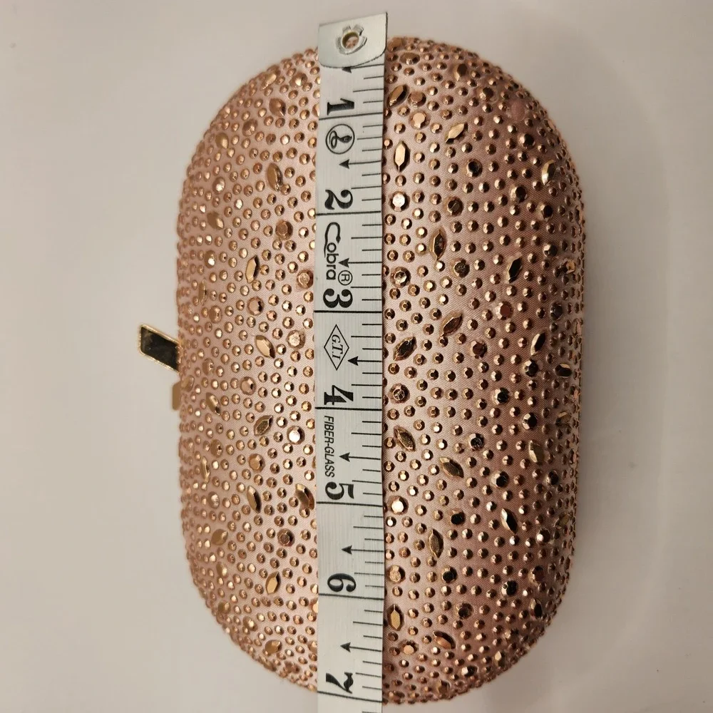 Olga Berg Faye Oval Hard Case Clutch  Rose Gold Tone Hotfix Rhinestone Bag A